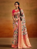 Cream And Pink Soft Handloom Banarasi Silk Saree